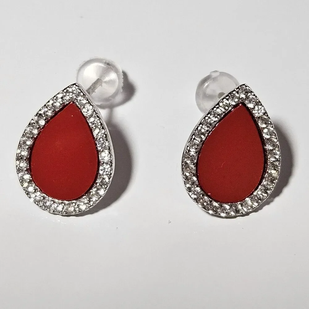 Sterling Silver With Red Teardrop Shaped Rhinestone Accent Dainty Earrings